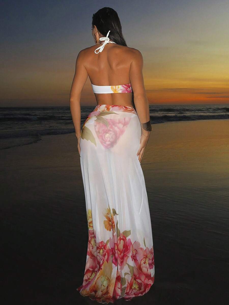 Swim SXY 3 件套女士性感时尚吊带系带比基尼上衣，可调节侧系带三角泳裤和花朵印花松紧腰长裙