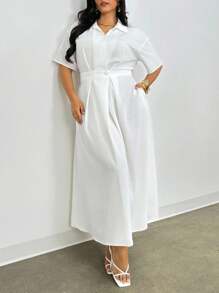 Firerie 新款夏季衬衫风格高腰长裙，带口袋，纹理白色长裙；适合情人节、音乐会、表演、约会、正式晚宴、舞会、婚礼季节、性感、优雅、通勤、返校、度假、海滩、迷人浪漫、办公室女士、美人鱼风格、生日派对 - 白色 - 查看 5