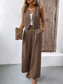SHEIN PETITE Bộ 2 áo vest và quần dài màu trơn thường ngày dành cho nữ, mùa hè - Cà phê nâu - Xem 4