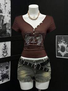 EgrlEra Women's Sheer Printed V-Neck Half-Zip Short Sleeve T-Shirt - Multicolor - View 1