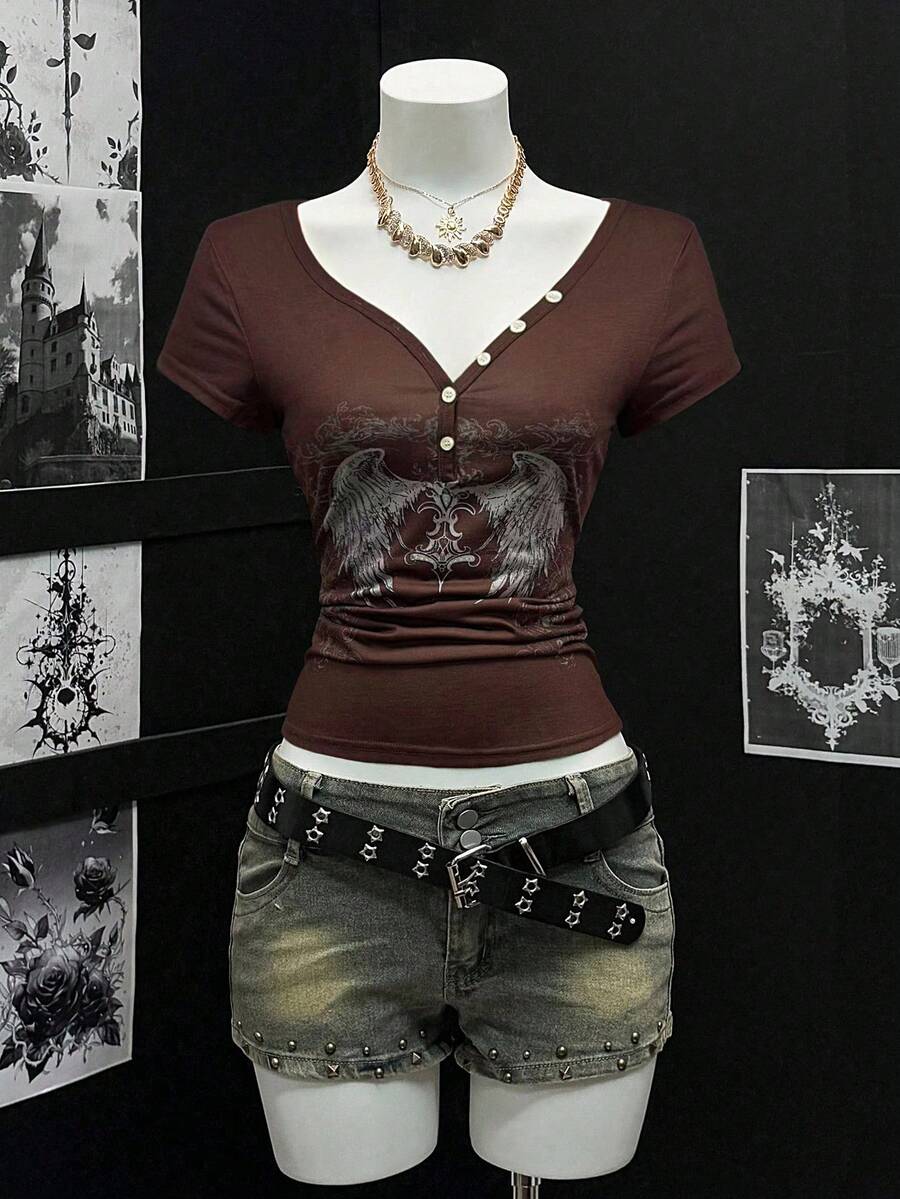 EgrlEra Women's Sheer Printed V-Neck Half-Zip Short Sleeve T-Shirt - Multicolor - View 1