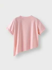 JNSQ 返校休闲户外运动T恤，儿童圆领不对称下摆开叉刺绣T恤 - 粉色 - 查看 5