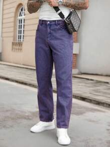 Manfinity Homme Loose Fit Men's Cotton Solid Color Slant Pocket Jeans - Purple - View 3