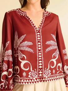 CAJUNI Women's Tropical Print V-Neck Casual Long Sleeve Shirt - Red - View 5