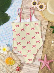 SHEIN Leap Crew Tween 女童休闲简约设计连体泳衣，适合夏季