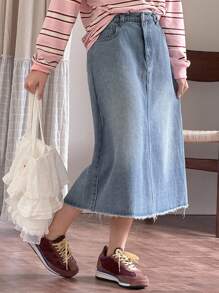 Dazy Kids 青少年女孩时尚休闲夏季宽松牛仔裙 - 藍色 - 查看 6