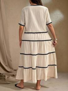 Roveilla Plus Size Women's Boho 2pcs Set: Color Block Trim V-Neck Short Sleeve Tie Front Blouse And Ruffle Hem Mini Skirt, For Summer