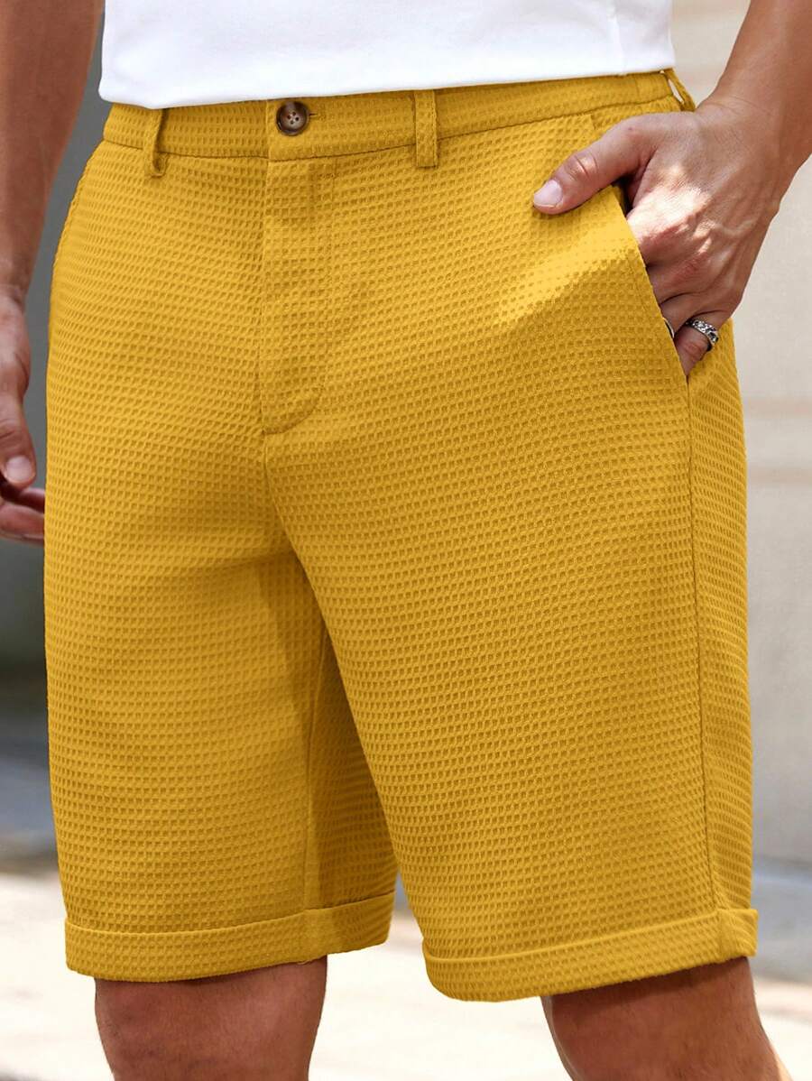 Manfinity VCAY 男士梭织纯色短款中腰直筒短裤，适合日常穿着，春夏季男士黄色短裤男士休闲短裤男士针织短裤男士百慕大短裤男士半裤男士黄色短裤男士纹理短裤男士夏季短裤男士半裤