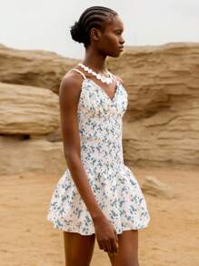 Lumivelle 女式印花弹力褶皱V领吊带背心迷你连衣裙/夏季沙滩裙 - 彩色 - 查看 7