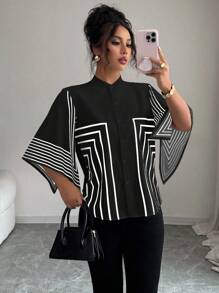 Elenzga Stand Collar Digital Printed Geometric Lines Pattern, Asymmetrical Sleeve French Elegant Blouse, Suitable For Spring/Summer Vacation - Black - View 6