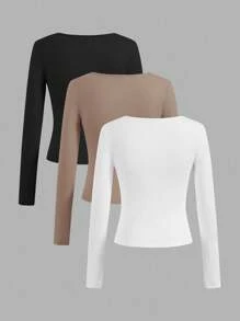 SHEIN EZwear 3 piezas Camisetas casuales, recortadas, de manga corta y ajustadas para mujer, adecuadas para primavera y verano - Multicolor - Ver 2
