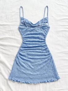 Soleia Pastel Yellow Women's Mini Sundress With Ruffled Neckline, Backless Design, Suitable For Holiday, Date, Afternoon Tea, Vacation, Music Festival, Bohemian Style Baby Blue Dress Blue Summer Dress Blue Vacation Dress Powder Blue Dress Blue Dress Summer - Blue - View 2