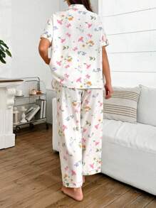 SHEIN Floral Print Lapel Cardigan & Bubble Chiffon Plus Size Pajama Set,Summer Pj Sets For Women - Multicolor - View 2