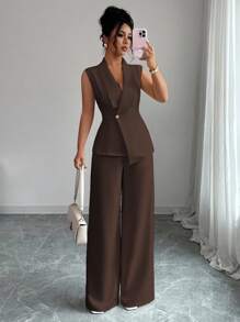 Elenzga Trang phục dự tiệc trà chiều thanh lịch cho nữ khi đi làm, áo khoác blazer không tay có cổ, viền bất đối xứng, khóa thắt lưng kim loại, kết hợp với quần cạp chun, bộ vest 2 món, xuân/hè - màu nâu - Xem 3