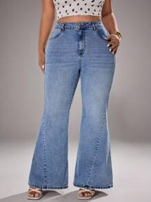 Jeanoix 大码蝴蝶刺绣口袋弹力喇叭牛仔裤 - 藍色 - 查看 5