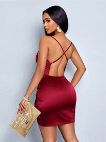 SOLERSUN Elegant Solid Color Draped Collar Backless Ruched Satin Party Bodycon Short Dress - Burgundy - View 2