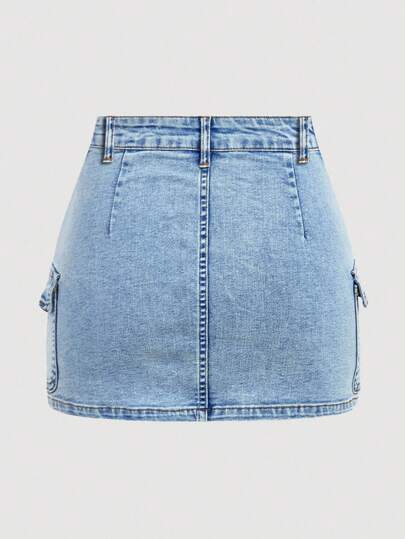 SHEIN MOD Plusstorlek Dam Cargo Pocket Casual Denim Minikjol