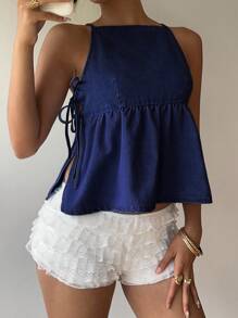 Siren Gaze 女式系腰荷叶边下摆吊带牛仔上衣 - 深色水洗藍 - 查看 3