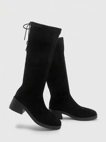 CUCCOO BIZCHIC 女士圆头厚底黑色绒面革过膝长靴，松紧带系带高筒靴，适合日常穿着和通勤 - 黑色 - 查看 7