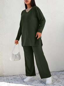 EURMUSE Plus Size Casual Solid Color Side Slit T-Shirt And Pants 2 Pieces Set - Army Green - View 4