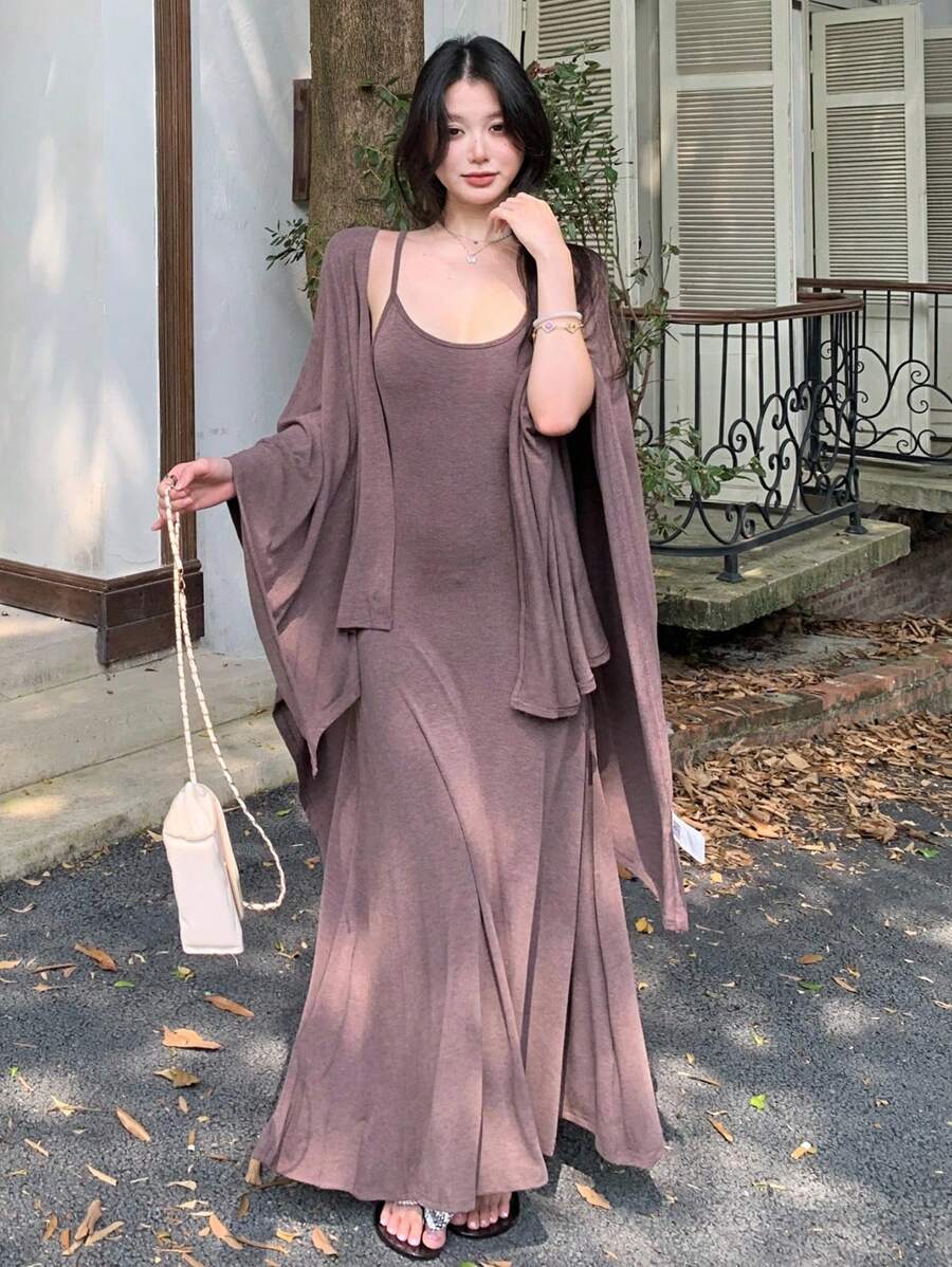 DAZY Women's Loose Casual Sleeveless Dress And Cover Up Set, Elegant Minimalist Style For Office, Vacation, Spring/Summer/Autumn - Brown - View 1