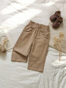 Vintaside Kids 女宝宝休闲时尚直筒裤，荷叶边装饰，田园可爱风格，适合日常穿着、校园、郊游、居家、度假、旅行 - 卡其色 - 查看 6