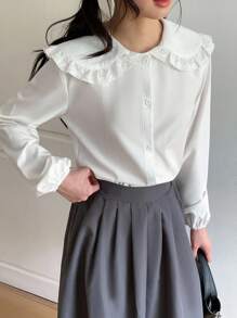 SHEIN 彼得潘领蕾丝边时尚宽松长袖白色衬衫上衣，休闲时尚春秋 - 白色 - 查看 8