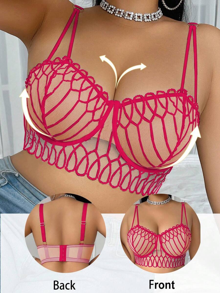 SHEIN 1 pieza Sujetador con aros y parches de malla para tallas grandes - Rosa Fucsia - Ver 1