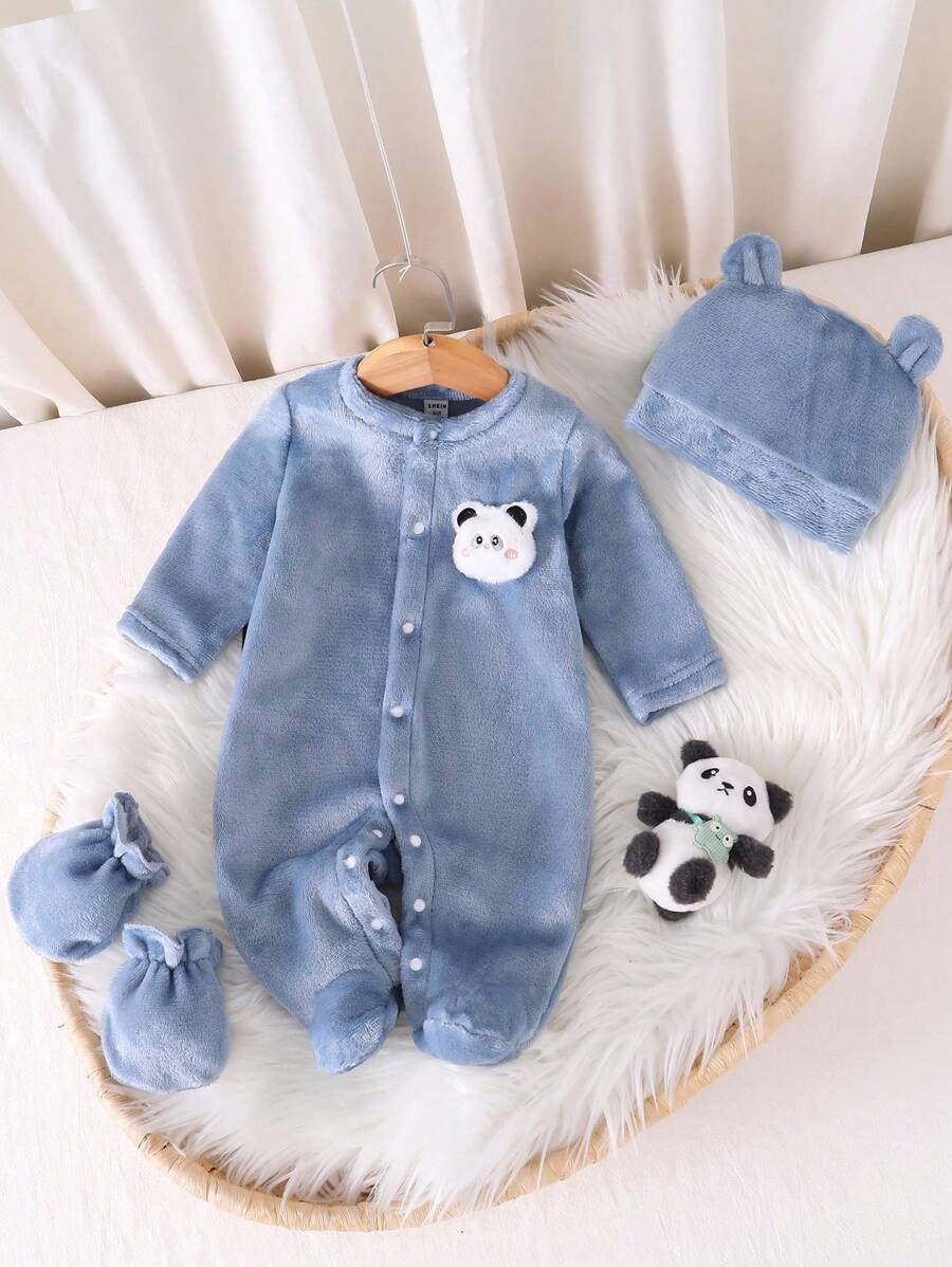 SHEIN 新生儿简约纯黄色长袖连体衣（含帽子和手套）婴儿家居服套装 - 霧霾藍 - 查看 1