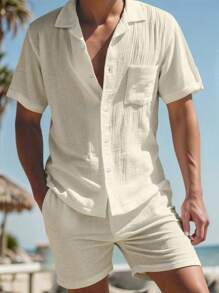 Manfinity RSRT Bộ đồ đi biển nam ngắn tay bằng vải lanh pha cotton họa tiết, cổ , cài nút màu tương phản, áo sơ mi và quần short, bộ đồ vải lanh 2 món cho nam, trang phục nghỉ dưỡng mùa hè, trang phục ấm áp - Màu be - Xem 1