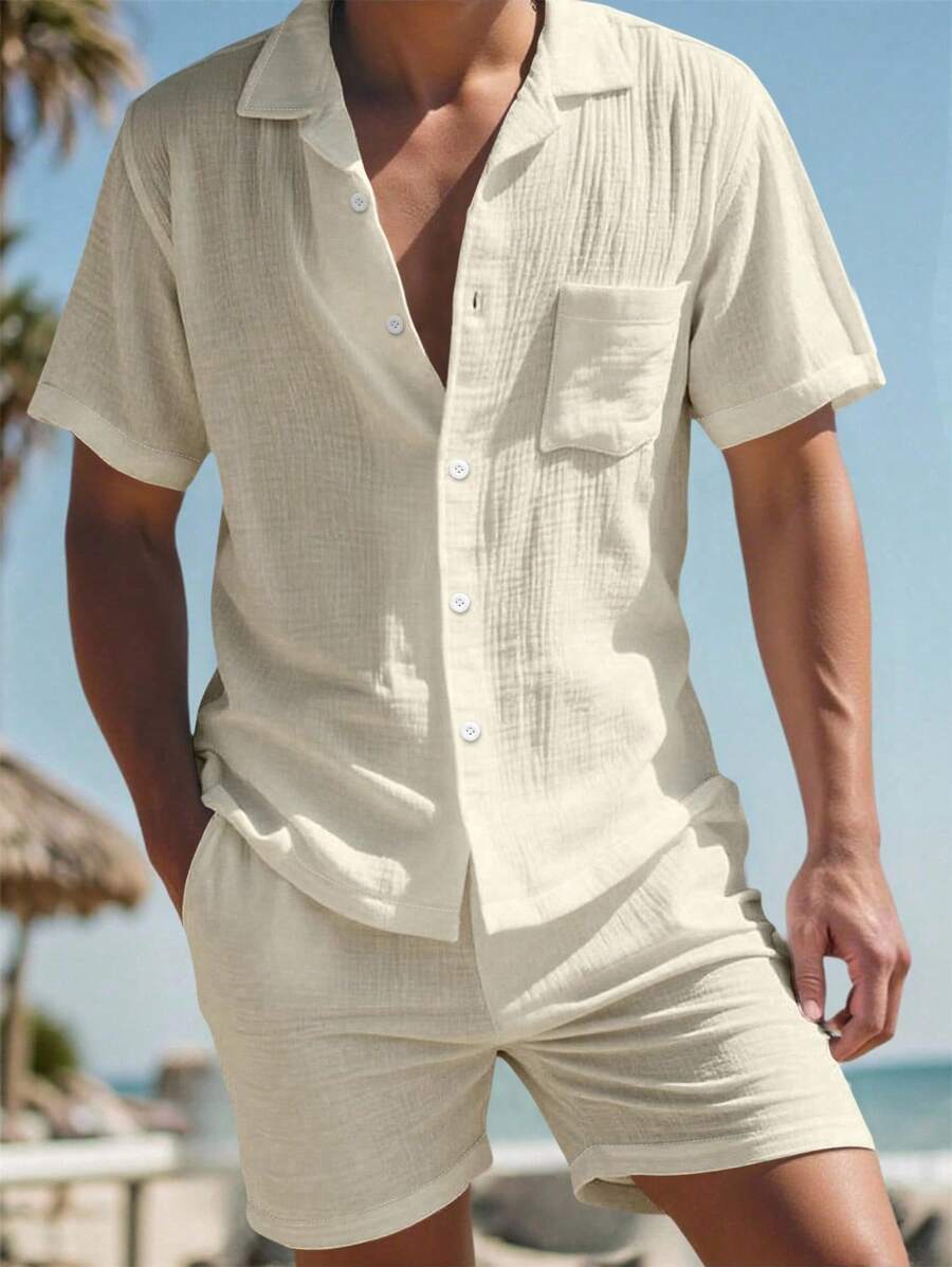 Manfinity RSRT Bộ đồ đi biển nam ngắn tay bằng vải lanh pha cotton họa tiết, cổ , cài nút màu tương phản, áo sơ mi và quần short, bộ đồ vải lanh 2 món cho nam, trang phục nghỉ dưỡng mùa hè, trang phục ấm áp - Màu be - Xem 1