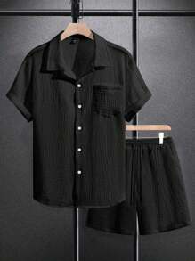 Manfinity RSRT 男士短款纹理棉麻混纺瓜亚贝拉领扣拼色衬衫套装 - 黑色 - 查看 3