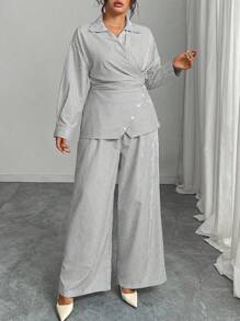 Modelyn Plus Size Woven Striped Long Sleeve Tie-Front 2 Pieces Set - Grey - View 1