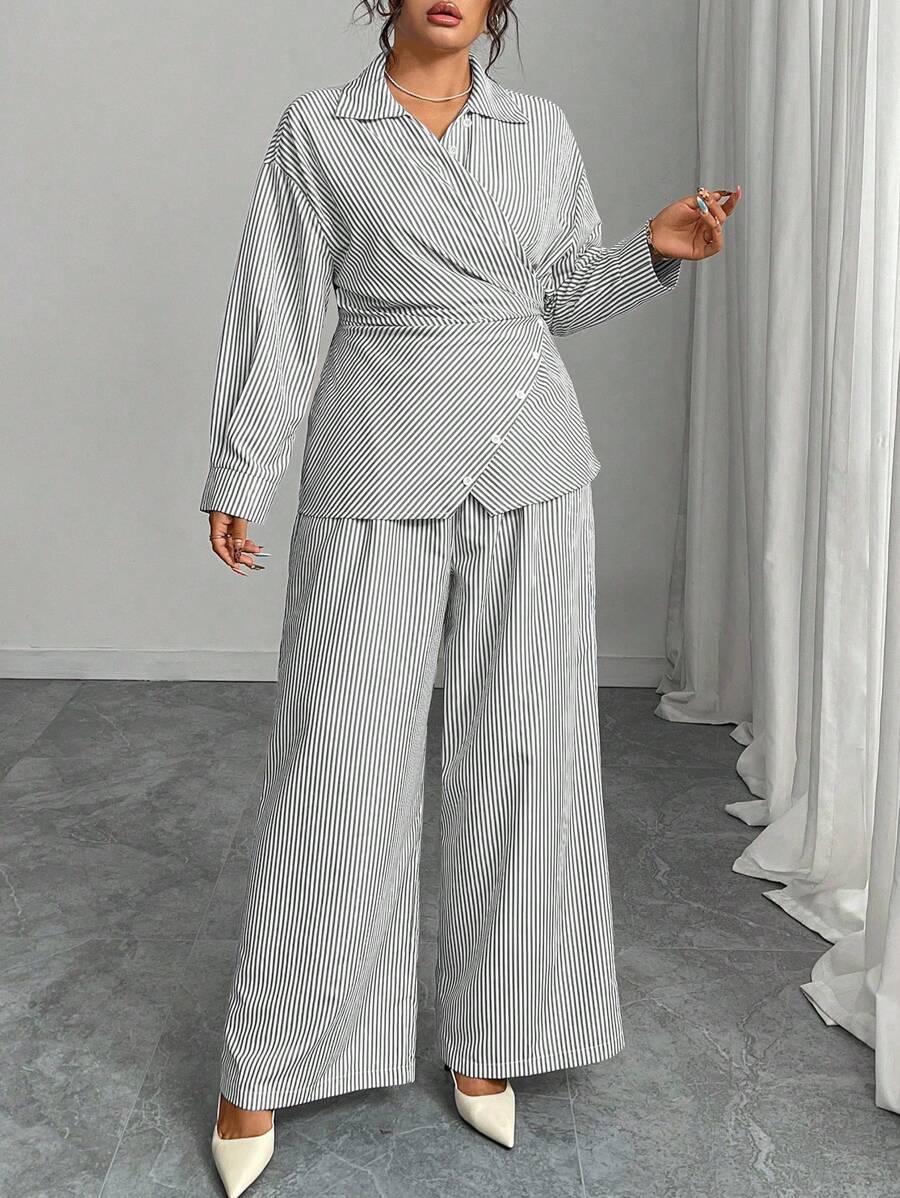 Modelyn Plus Size Woven Striped Long Sleeve Tie-Front 2 Pieces Set - Grey - View 1