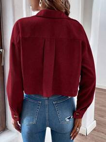 EMERY ROSE 简约休闲纯色前开襟纽扣翻盖口袋夹克，适合大学校园秋冬季女装