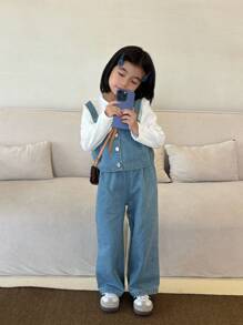 SHEIN Bộ 3 món cho bé gái mùa thu, gồm áo cổ tròn tay dài đơn giản, áo tank top dây đeo kiểu cao bồi thời trang và quần cao bồi may thủ công, thích hợp mặc hàng ngày như đi chơi và nghỉ mát mùa xuân và mùa thu. - Nhiều màu - Xem 4