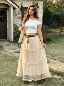 SHEIN EZwear 大码女式蕾丝边长款优雅 A 字裙 - 米色 - 查看 4