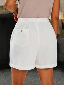 EMERY ROSE Plus Size Women Solid Color Waist Tie Pocket Loose White Shorts,Summer,Vacation,Holiday Boho - White - View 3