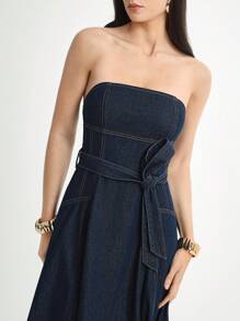 女式休闲A字牛仔连衣裙 - 深色水洗藍 - 查看 1