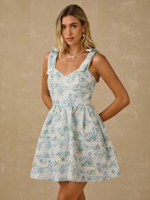 Enchnt Vestido mini de princesa romántico con estampado de flores jacquard en azul pastel, cuello de corazón y lazo en los hombros, dulce y elegante para vacaciones, citas, fiestas, graduación, invitada de boda y playa. Vestidos de verano elegantes para mujeres. - Multicolor - Ver 4