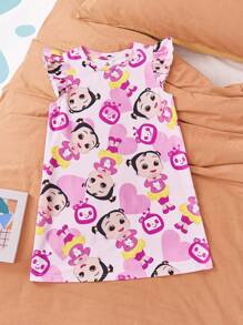 CoComelon X SHEIN Váy ngủ mùa hè chống cháy tay lửng dáng rộng in họa tiết hoạt hình trái tim màu hồng cho bé gái - Hồng - Xem 3