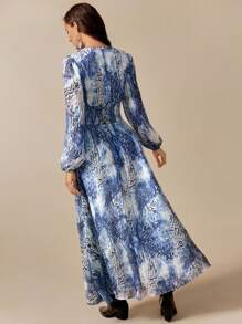 Florisole 波西米亚风女式花卉印花灯笼袖连衣裙 - 藍色 - 查看 2