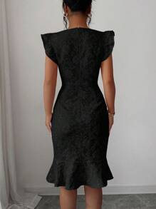 Elenzga 优雅提花纯色方领修身连衣裙，适合夏季通勤 - 黑色 - 查看 2