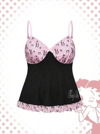 Betty Boop | ROMWE Top de tirantes con volantes, estampado de figura y letra de dibujos animados, con detalles de rhinestones, para mujer de talla grande