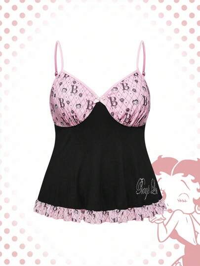 Betty Boop | ROMWE Canotta con balze, figura a cartone animato e dettagli in strass, per donne taglie forti, per l'estate