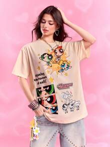 THE POWERPUFF GIRLS X SHEIN 女士休闲花朵、泡泡、毛茛图案圆领短袖 T 恤，夏季 - 米色 - 查看 6