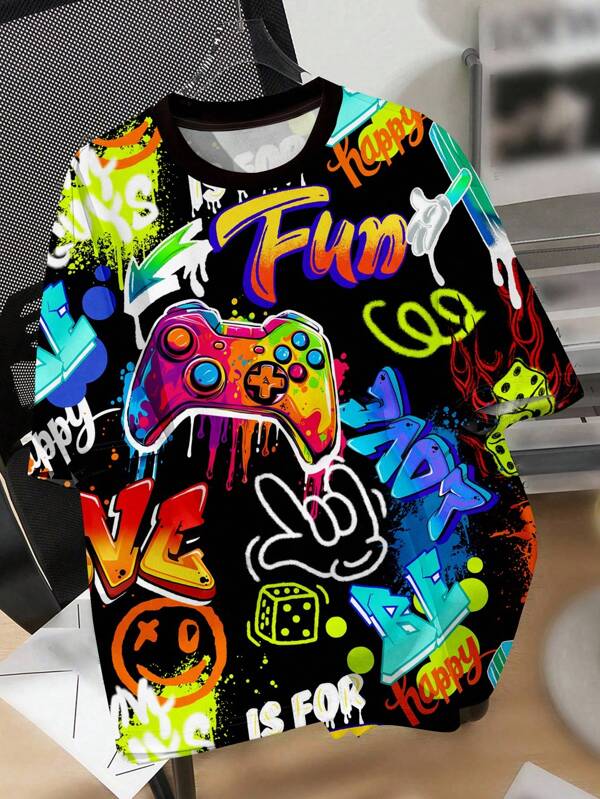 SHEIN Tween Boy Casual Cartoon Graphic Short Sleeve Round Neck T-Shirt, Suitable For Summer Cartoon Graphic Tee Boys Cartoon Shirt Tween Boy Y2k Clothes Streetwear Teen Shirts Gamer Graphic Tee