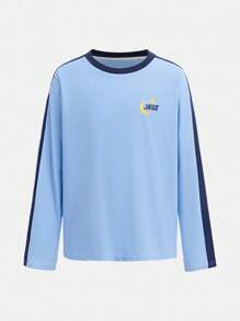 JNSQ 返校服，青少年女孩和男孩服装，运动服，女孩和男孩专业运动长袖 T 恤，秋季儿童圆领撞色趣味字母图案印花长袖 T 恤