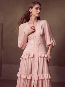 MOTF Soiréza FLOWY LANTERN SLEEVE LONG DRESS WITH WATER-SOLUBLE LACE - Pink - View 4