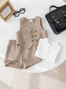 SHEIN 2pcs/Set Baby Boy/Girl Summer Casual Korean Style Khaki Double-Breasted Vest And Shorts Set, Suitable For Birthday Party, Evening Party, Performance, Wedding, Baby Shower, 1st Birthday Celebration Fall Winter